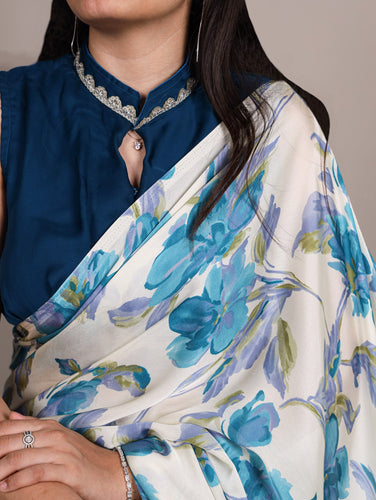 Sky Blue Floral Printed Satin Silk Saree with Fully Stitched Adjustable Natural Silk Blouse & Lace Detailing – Party & Festive Wear ClothsVilla