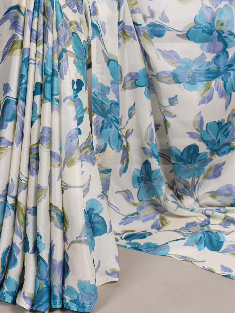 Sky Blue Floral Printed Satin Silk Saree with Fully Stitched Adjustable Natural Silk Blouse & Lace Detailing – Party & Festive Wear ClothsVilla