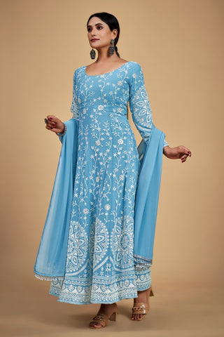 Sky Blue Georgette Dori & Sequins Embroidered Gown Set with Pant & Tassel Dupatta ClothsVilla