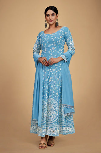 Sky Blue Georgette Dori & Sequins Embroidered Gown Set with Pant & Tassel Dupatta ClothsVilla