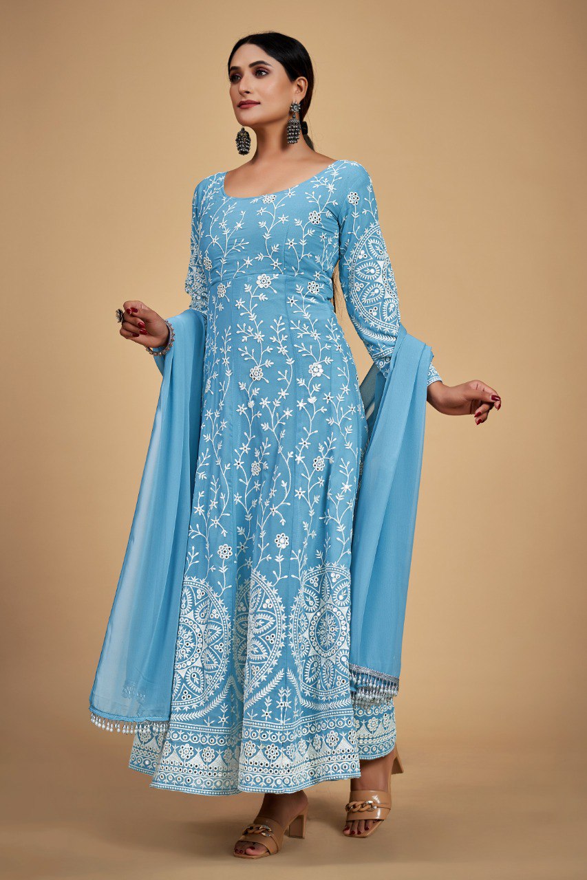 Sky Blue Georgette Dori & Sequins Embroidered Gown Set with Pant & Tassel Dupatta ClothsVilla