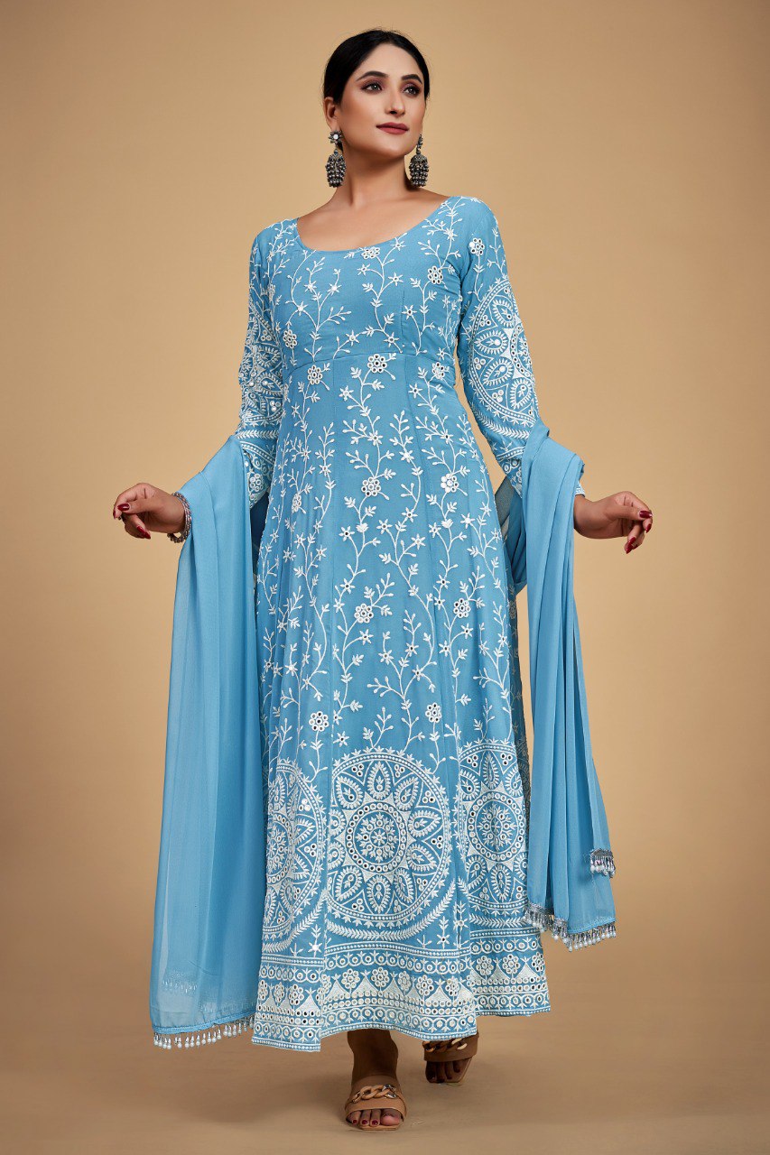Sky Blue Georgette Dori & Sequins Embroidered Gown Set with Pant & Tassel Dupatta ClothsVilla