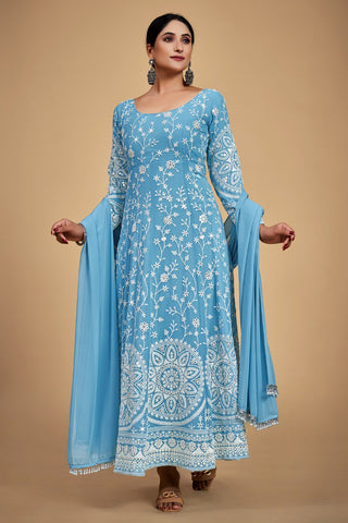 Sky Blue Georgette Dori & Sequins Embroidered Gown Set with Pant & Tassel Dupatta ClothsVilla