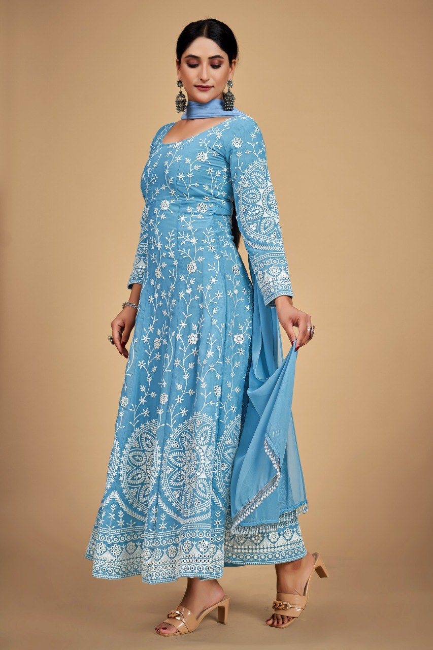 Sky Blue Georgette Dori & Sequins Embroidered Gown Set with Pant & Tassel Dupatta ClothsVilla