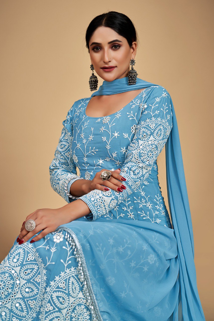 Sky Blue Georgette Dori & Sequins Embroidered Gown Set with Pant & Tassel Dupatta ClothsVilla