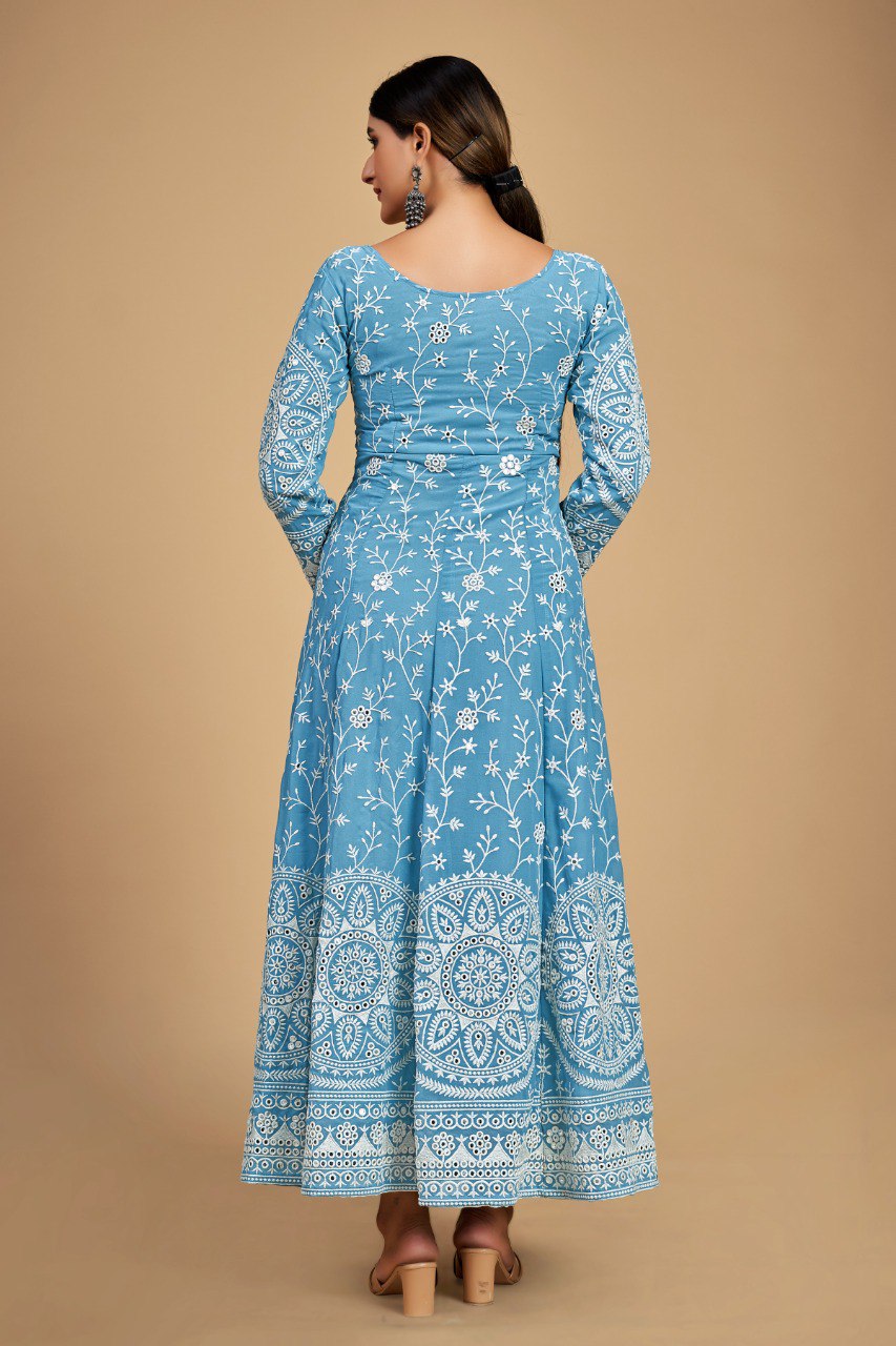 Sky Blue Georgette Dori & Sequins Embroidered Gown Set with Pant & Tassel Dupatta ClothsVilla