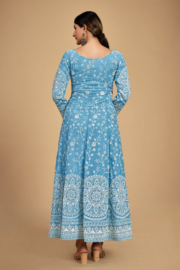 Sky Blue Georgette Dori & Sequins Embroidered Gown Set with Pant & Tassel Dupatta ClothsVilla