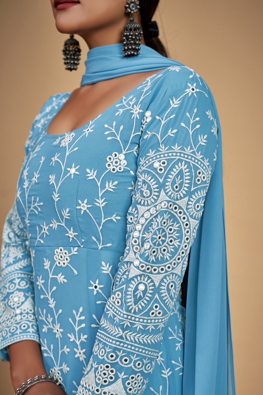 Sky Blue Georgette Dori & Sequins Embroidered Gown Set with Pant & Tassel Dupatta ClothsVilla