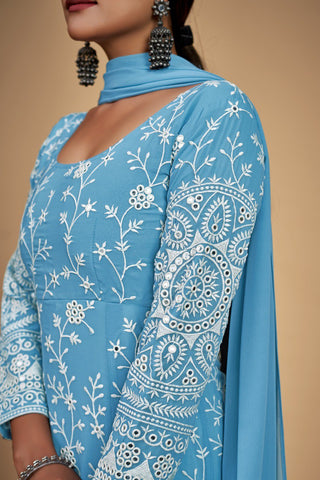 Sky Blue Georgette Dori & Sequins Embroidered Gown Set with Pant & Tassel Dupatta ClothsVilla