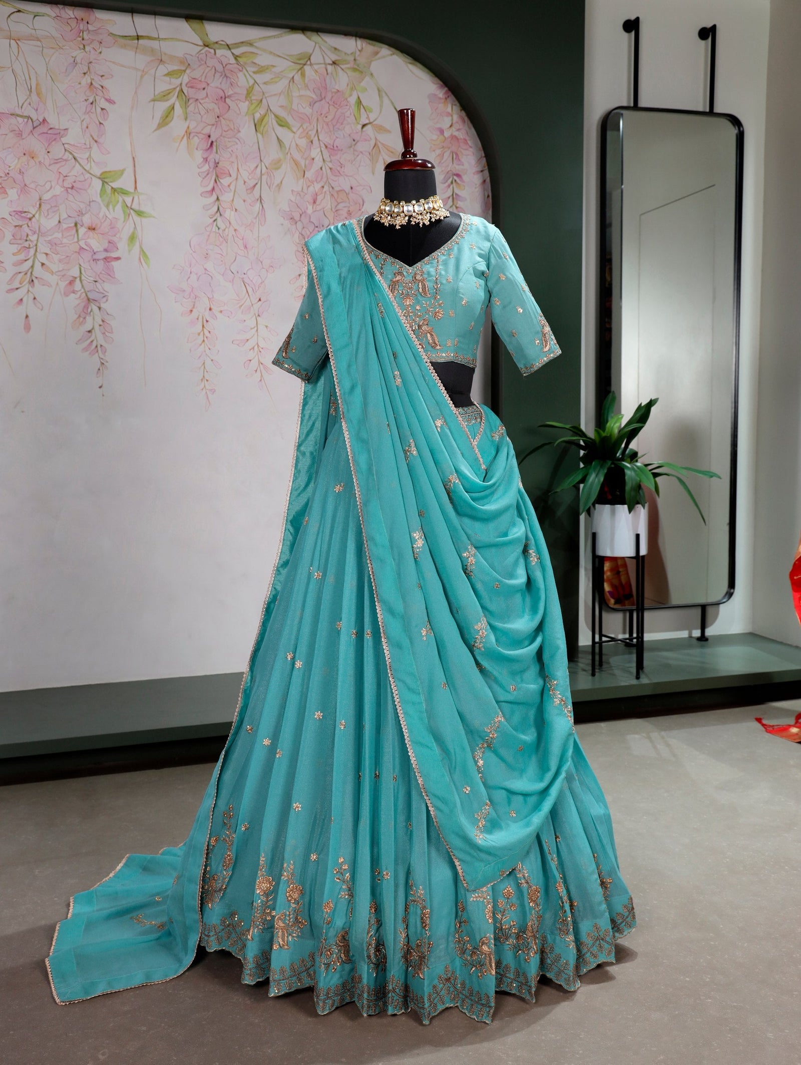 Sky Blue Georgette Embroidered Lehenga ClothsVilla