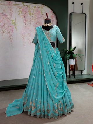 Sky Blue Georgette Embroidered Lehenga ClothsVilla