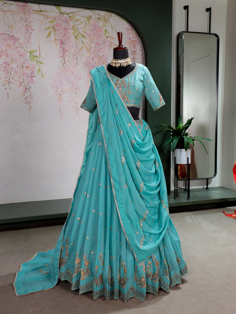 Sky Blue Georgette Embroidered Lehenga ClothsVilla