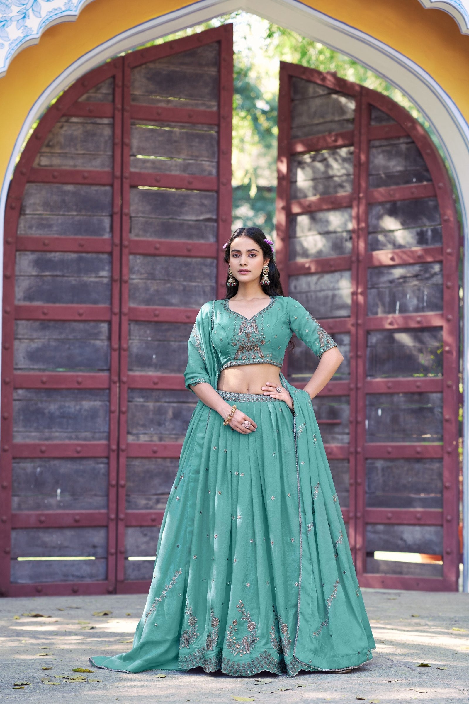 Sky Blue Georgette Embroidered Lehenga ClothsVilla