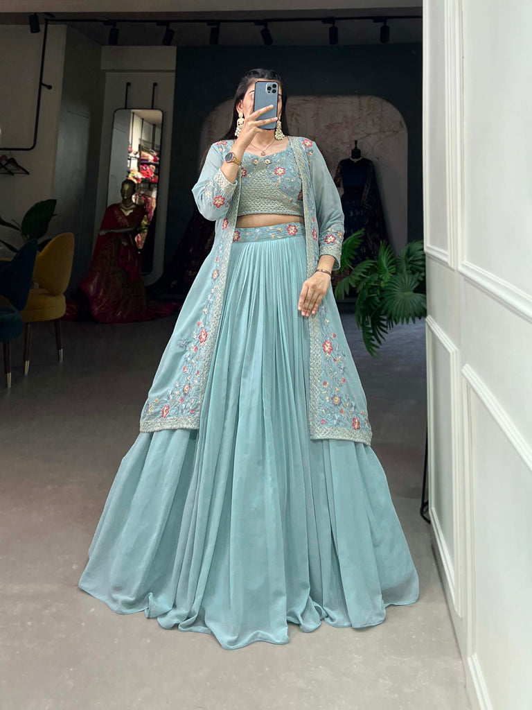 Shimmering Sky Blue Georgette Indo-Western Lehenga Set with Sequinned Choli and Koti ClothsVilla