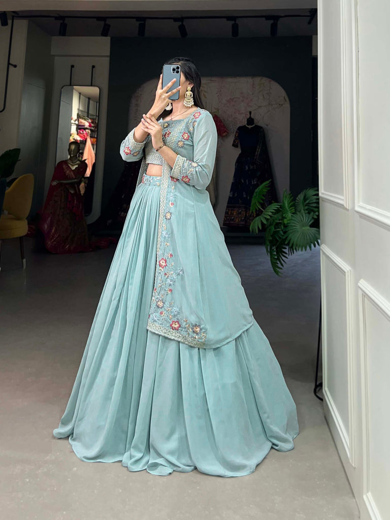 Shimmering Sky Blue Georgette Indo-Western Lehenga Set with Sequinned Choli and Koti ClothsVilla