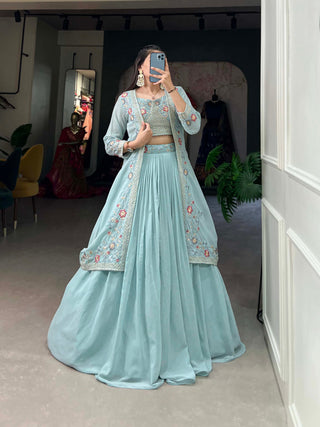 Shimmering Sky Blue Georgette Indo-Western Lehenga Set with Sequinned Choli and Koti ClothsVilla