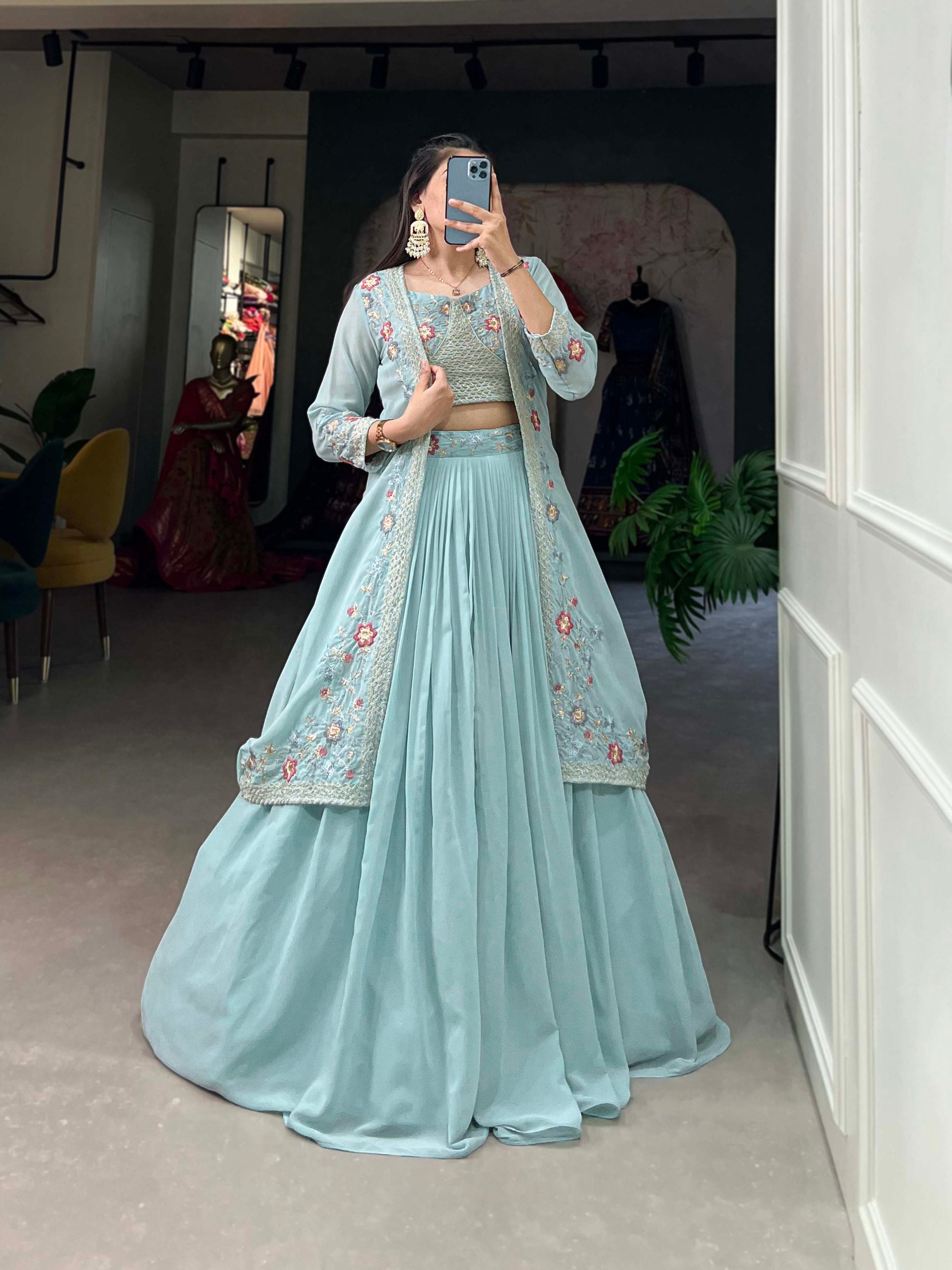 Shimmering Sky Blue Georgette Indo-Western Lehenga Set with Sequinned Choli and Koti ClothsVilla
