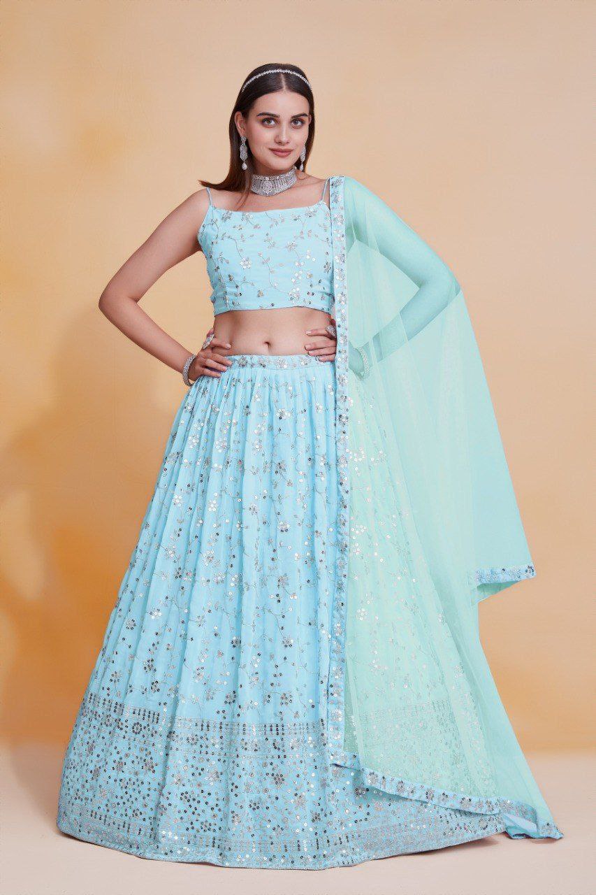 Sky Blue Georgette Zari & Sequin Embroidered Semi-Stitched Lehenga Choli with Soft Net Lace Border Dupatta ClothsVilla