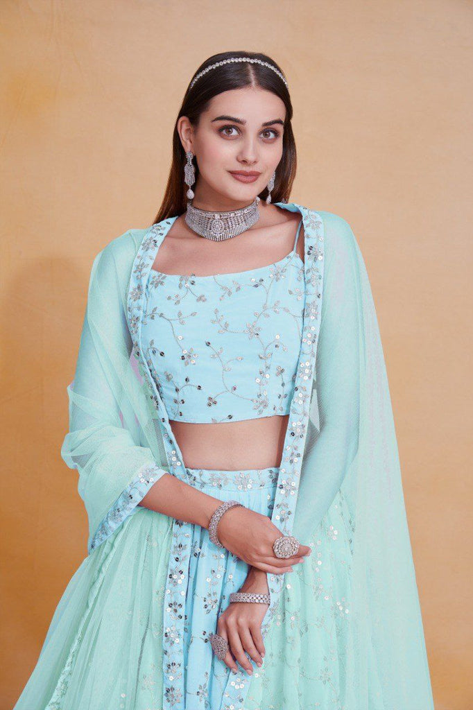 Sky Blue Georgette Zari & Sequin Embroidered Semi-Stitched Lehenga Choli with Soft Net Lace Border Dupatta ClothsVilla