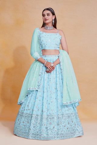 Sky Blue Georgette Zari & Sequin Embroidered Semi-Stitched Lehenga Choli with Soft Net Lace Border Dupatta ClothsVilla