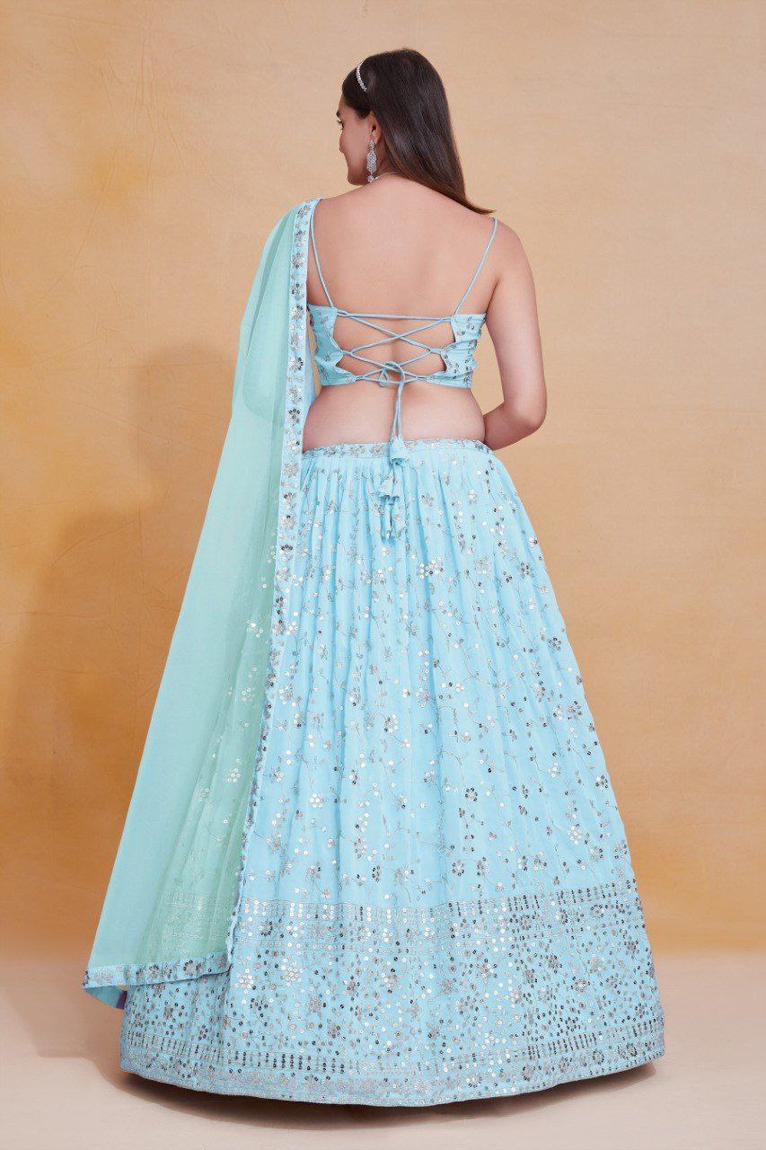 Sky Blue Georgette Zari & Sequin Embroidered Semi-Stitched Lehenga Choli with Soft Net Lace Border Dupatta ClothsVilla