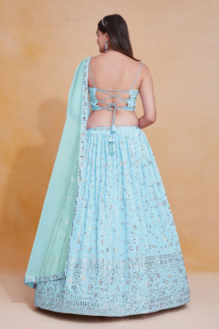 Sky Blue Georgette Zari & Sequin Embroidered Semi-Stitched Lehenga Choli with Soft Net Lace Border Dupatta ClothsVilla