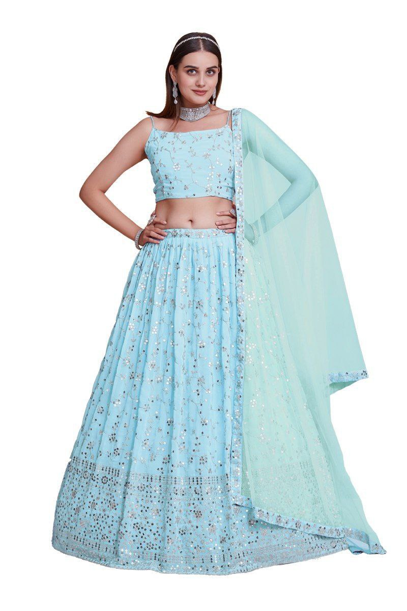 Sky Blue Georgette Zari & Sequin Embroidered Semi-Stitched Lehenga Choli with Soft Net Lace Border Dupatta ClothsVilla