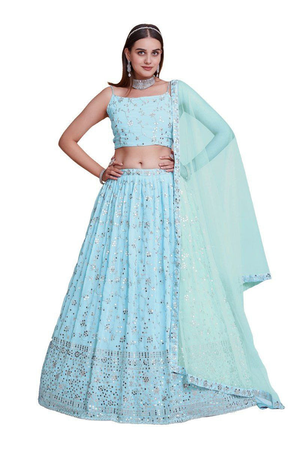 Sky Blue Georgette Zari & Sequin Embroidered Semi-Stitched Lehenga Choli with Soft Net Lace Border Dupatta ClothsVilla