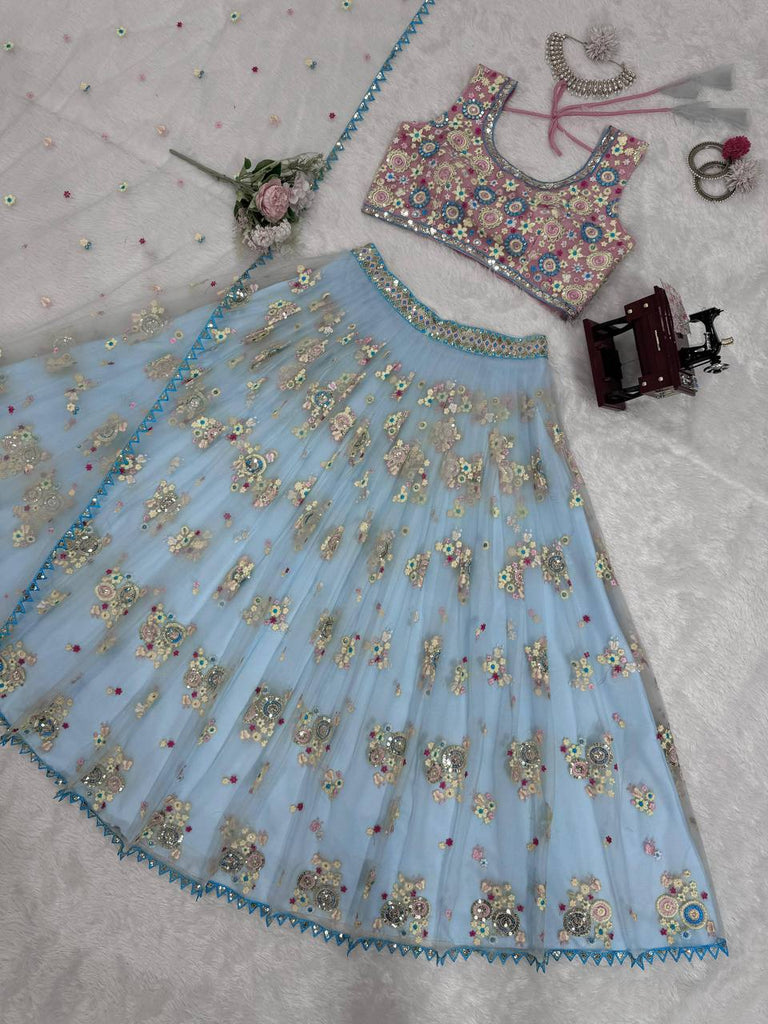 Sky Blue Glamorous Butterfly Net Semi-Stitched Lehenga Choli Set with Sequin & Thread Work ClothsVilla