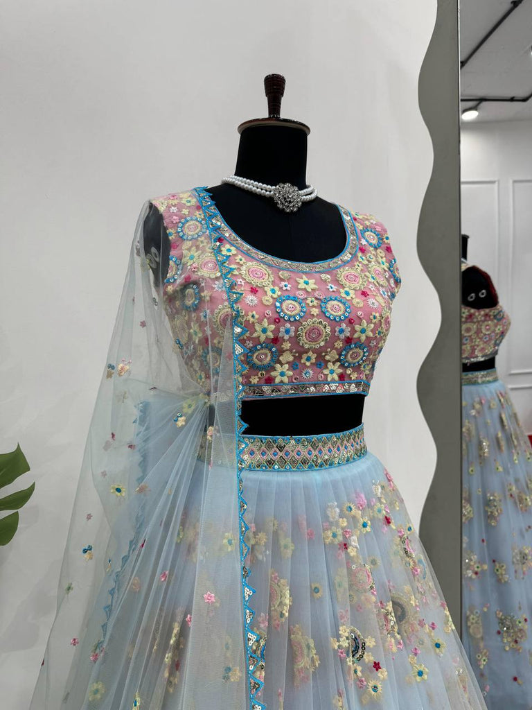 Sky Blue Glamorous Butterfly Net Semi-Stitched Lehenga Choli Set with Sequin & Thread Work ClothsVilla