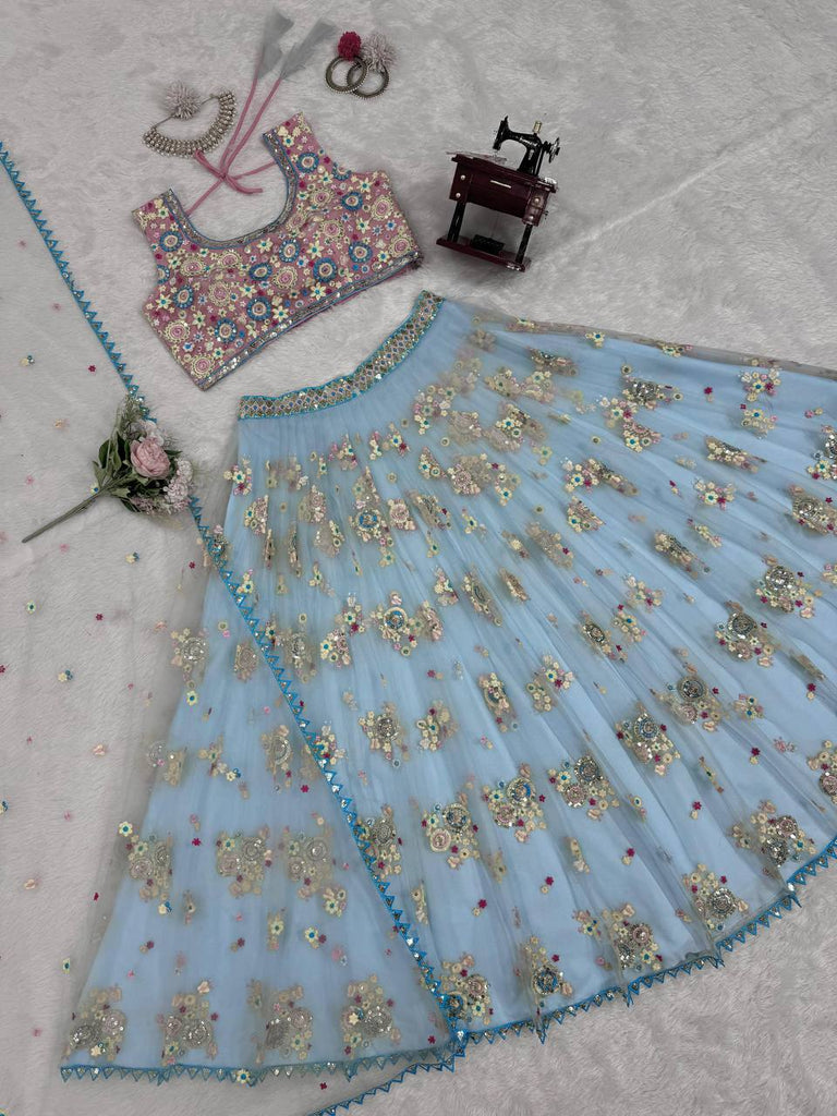 Sky Blue Glamorous Butterfly Net Semi-Stitched Lehenga Choli Set with Sequin & Thread Work ClothsVilla