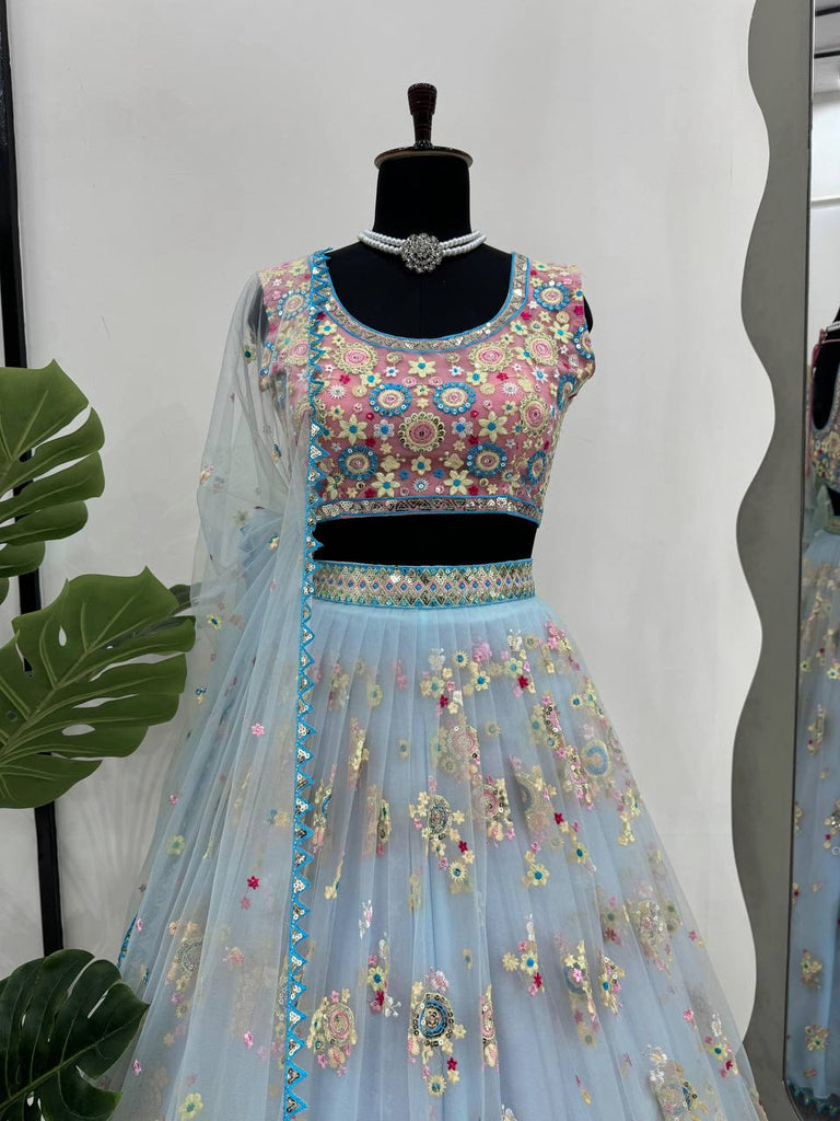Sky Blue Glamorous Butterfly Net Semi-Stitched Lehenga Choli Set with Sequin & Thread Work ClothsVilla
