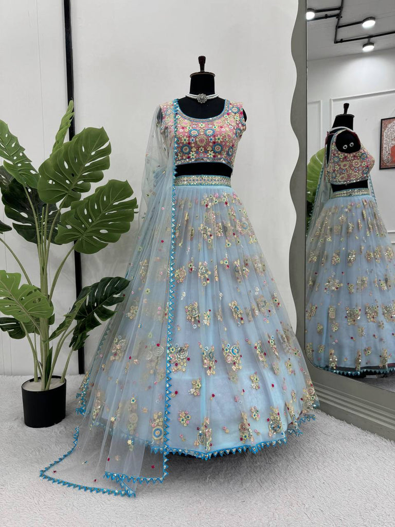 Sky Blue Glamorous Butterfly Net Semi-Stitched Lehenga Choli Set with Sequin & Thread Work ClothsVilla