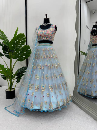 Sky Blue Glamorous Butterfly Net Semi-Stitched Lehenga Choli Set with Sequin & Thread Work ClothsVilla