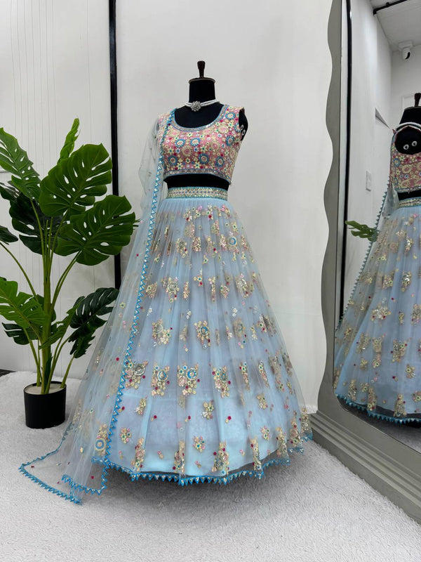Sky Blue Glamorous Butterfly Net Semi-Stitched Lehenga Choli Set with Sequin & Thread Work ClothsVilla