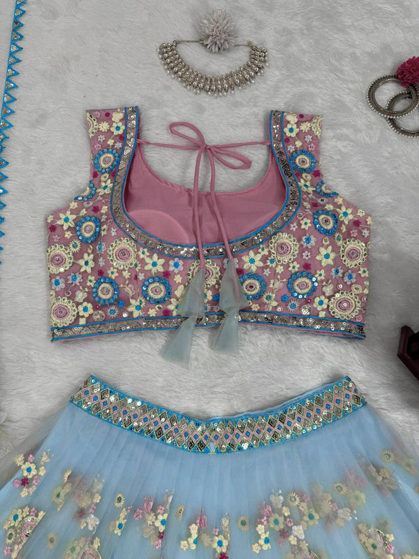 Sky Blue Glamorous Butterfly Net Semi-Stitched Lehenga Choli Set with Sequin & Thread Work ClothsVilla