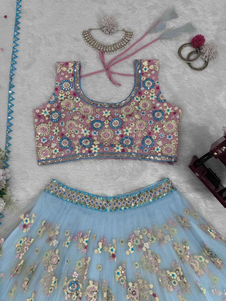 Sky Blue Glamorous Butterfly Net Semi-Stitched Lehenga Choli Set with Sequin & Thread Work ClothsVilla