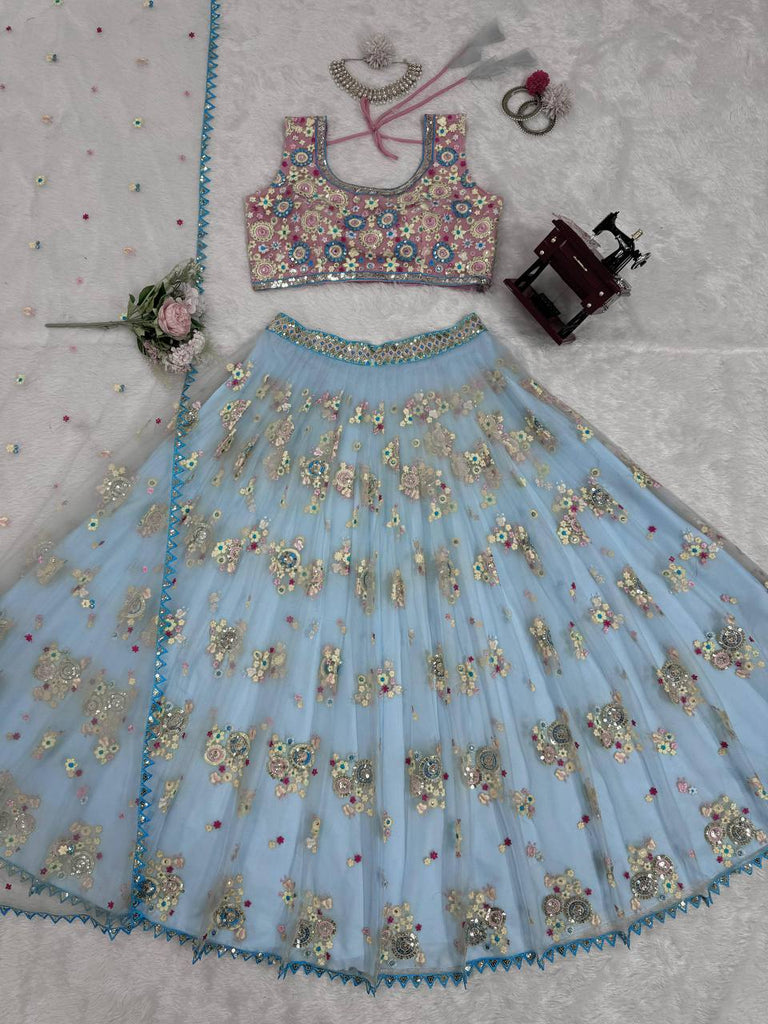 Sky Blue Glamorous Butterfly Net Semi-Stitched Lehenga Choli Set with Sequin & Thread Work ClothsVilla