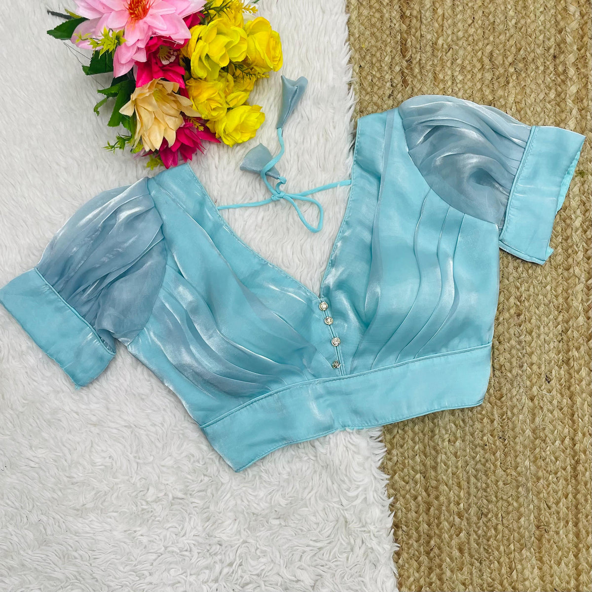 Sky Blue Glamorous Ruffled Metallic Jimmy Choo Blouse ClothsVilla Main image