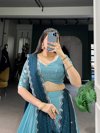Sky Blue Glamorous Silver Glossy Embroidered Lehenga Set with Hotfix Detailing ClothsVilla