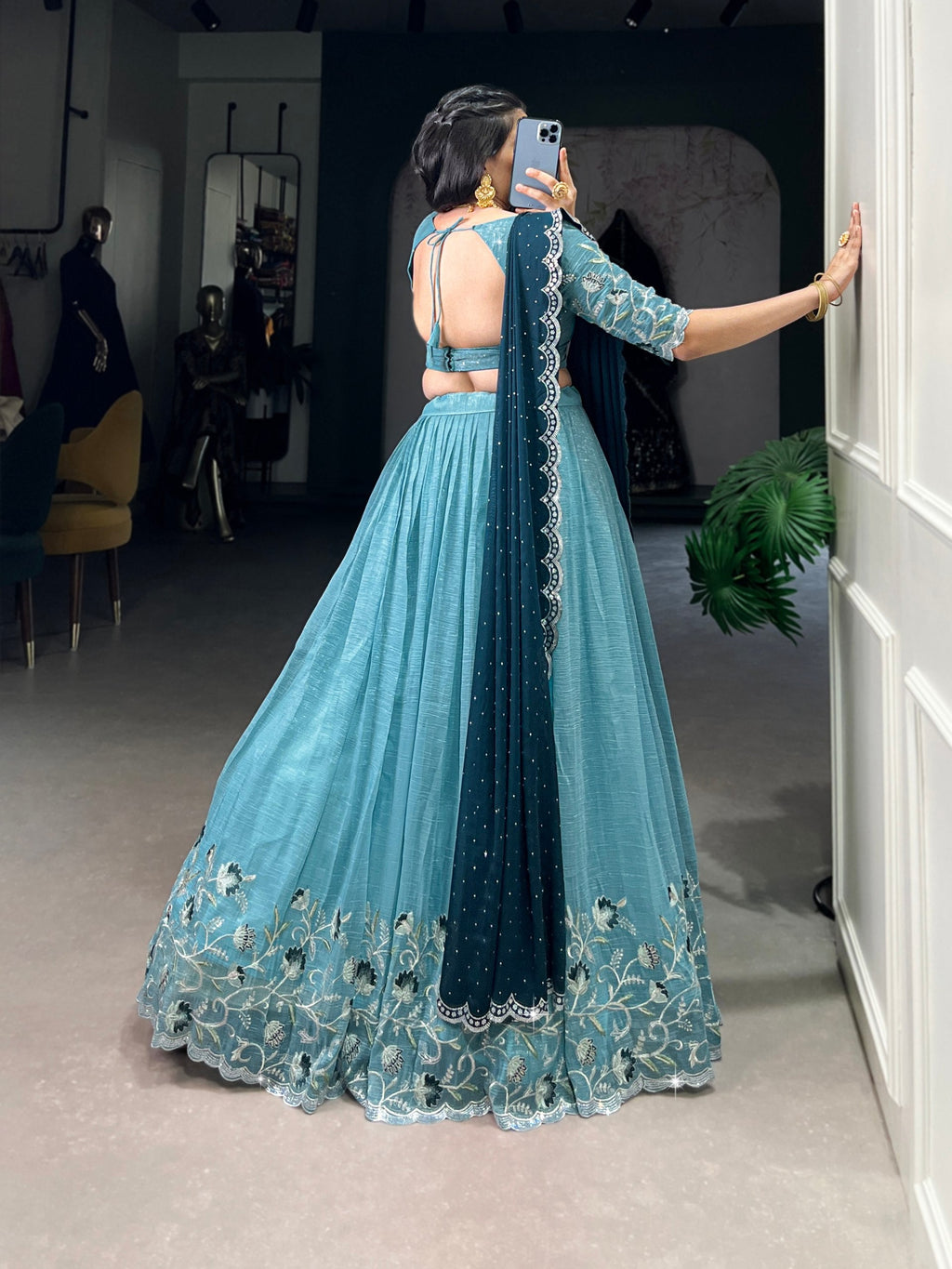 Sky Blue Glamorous Silver Glossy Embroidered Lehenga Set with Hotfix Detailing ClothsVilla