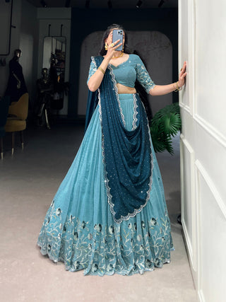 Sky Blue Glamorous Silver Glossy Embroidered Lehenga Set with Hotfix Detailing ClothsVilla