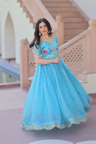 Sky Blue Gold Crush Gown with Multicolor Thread Embroidery & Sequin Zari Work ClothsVilla