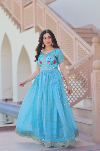 Sky Blue Gold Crush Gown with Multicolor Thread Embroidery & Sequin Zari Work ClothsVilla