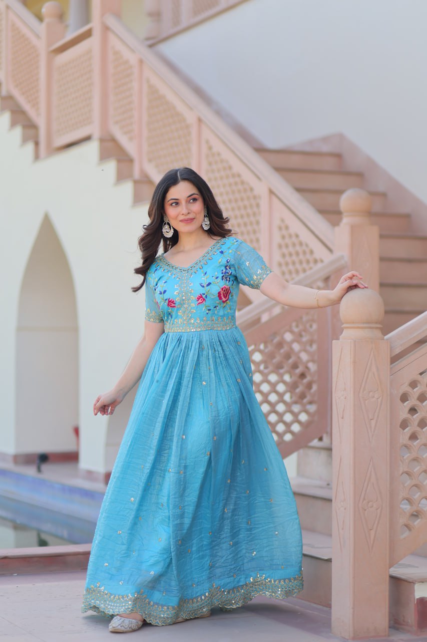 Sky Blue Gold Crush Gown with Multicolor Thread Embroidery & Sequin Zari Work ClothsVilla