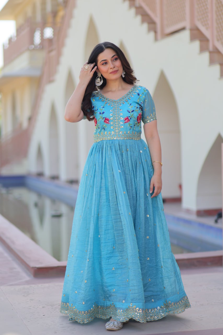 Sky Blue Gold Crush Gown with Multicolor Thread Embroidery & Sequin Zari Work ClothsVilla