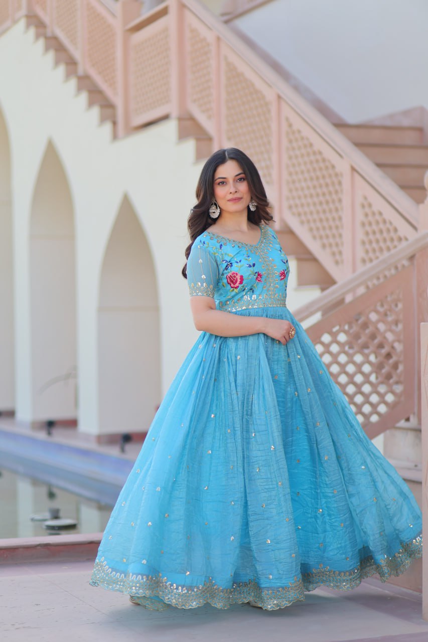 Sky Blue Gold Crush Gown with Multicolor Thread Embroidery & Sequin Zari Work ClothsVilla