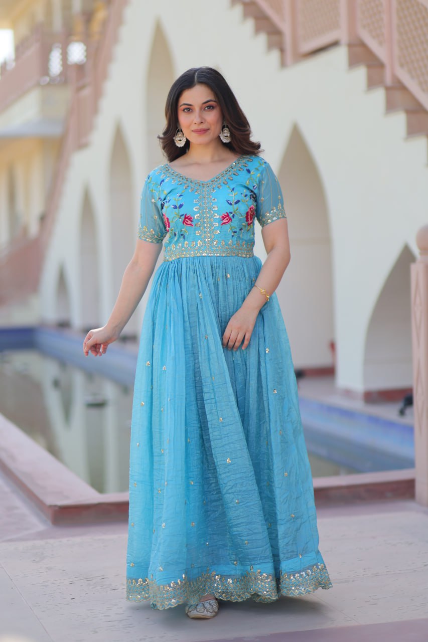 Sky Blue Gold Crush Gown with Multicolor Thread Embroidery & Sequin Zari Work ClothsVilla