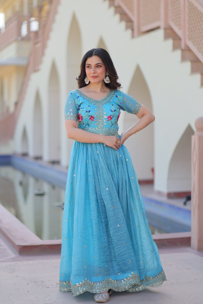 Sky Blue Gold Crush Gown with Multicolor Thread Embroidery & Sequin Zari Work ClothsVilla
