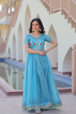Sky Blue Gold Crush Gown with Multicolor Thread Embroidery & Sequin Zari Work ClothsVilla